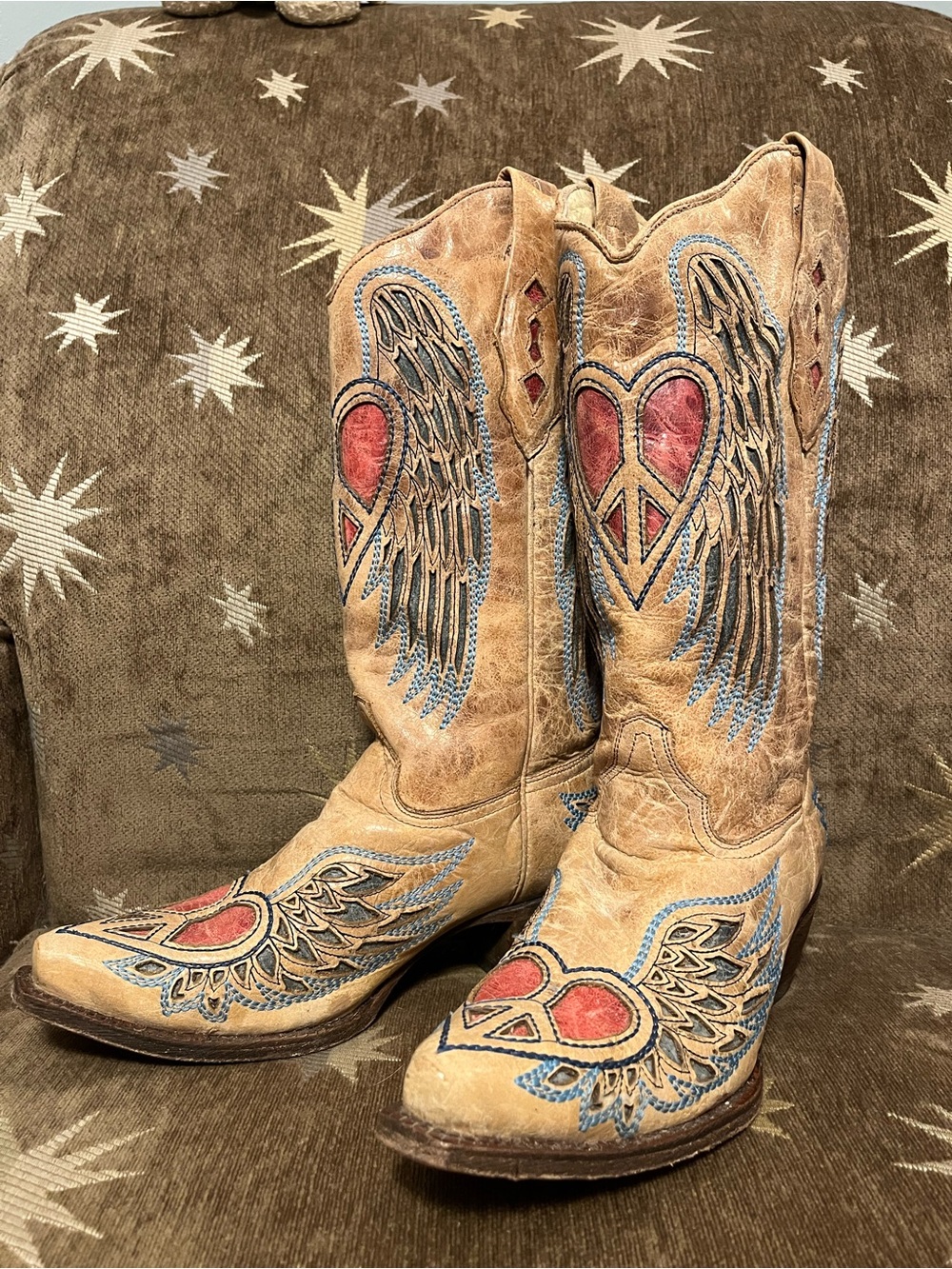 Tan Embroidered Wing & Heart Mid-Calf Heeled Boots